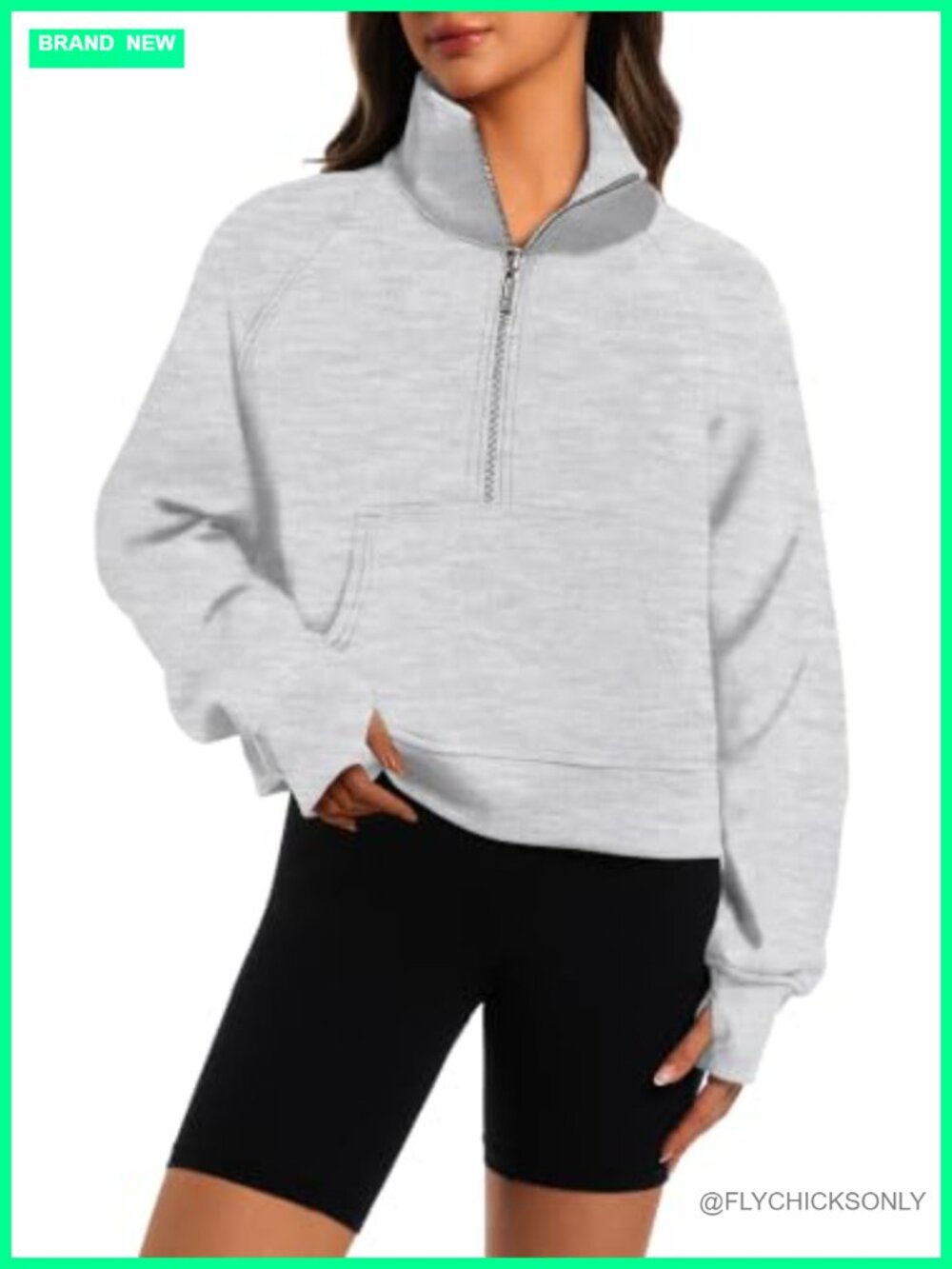Fleece Lined Half Zip Cropped Hoodie Sweatshirt w Thumb Holes